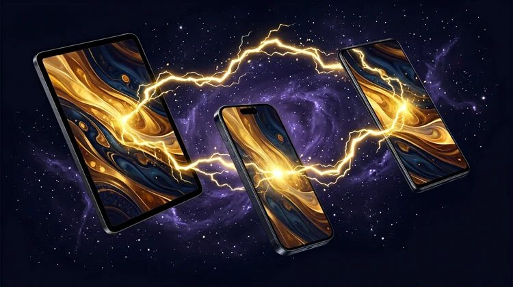 iPhone, Android phone and iPad floating in navy space with gold casino-style screens and lightning connecting the devices