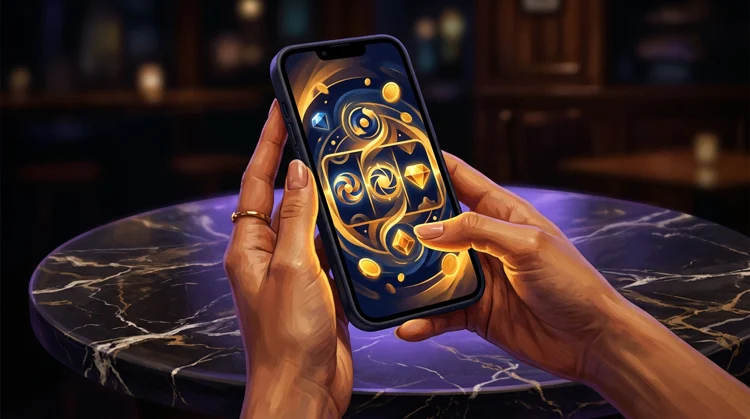 Hands holding a smartphone over a dark marble table with a glowing gold and navy slot-style game on the screen