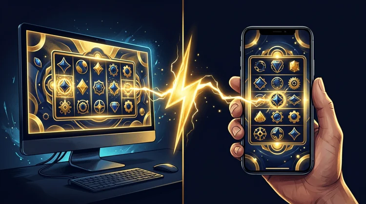 Split illustration comparing the same casino-style game on a desktop monitor and a handheld phone linked by a gold lightning bolt