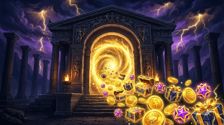 Greek temple arch at night framing a golden portal with coins, chests, gifts and star tokens floating through storm-lit sky