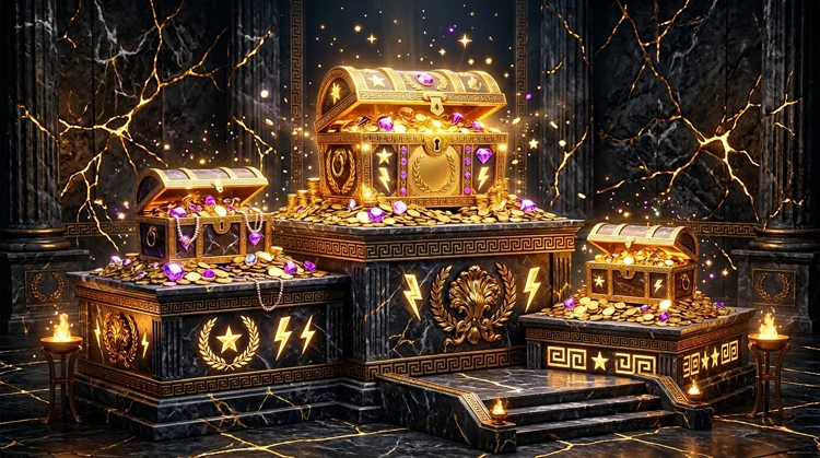 Three glowing treasure chests on a golden Greek podium overflowing with coins, gems and stylised slot symbols on dark marble