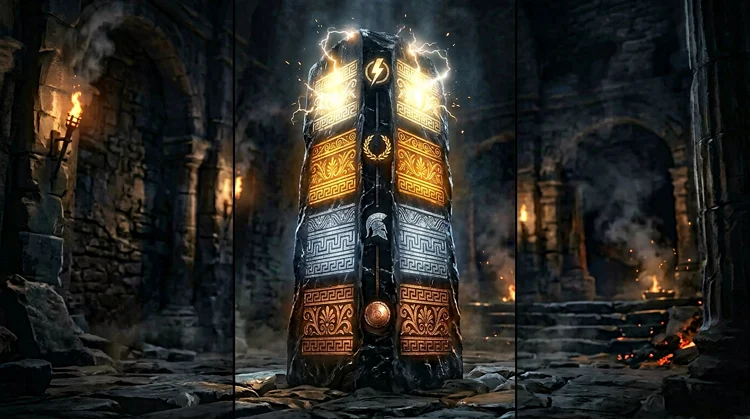 Dark marble loyalty pillar with four glowing tiers from bronze warmth to radiant gold lightning at the top