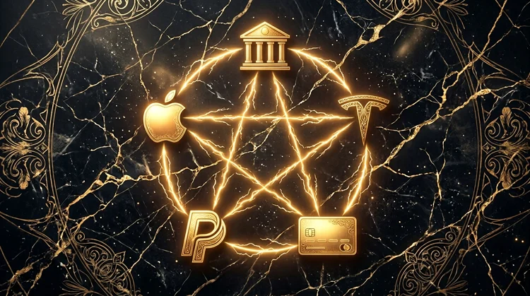 Stylised UK payment icons in gold on dark marble, linked by lightning arcs