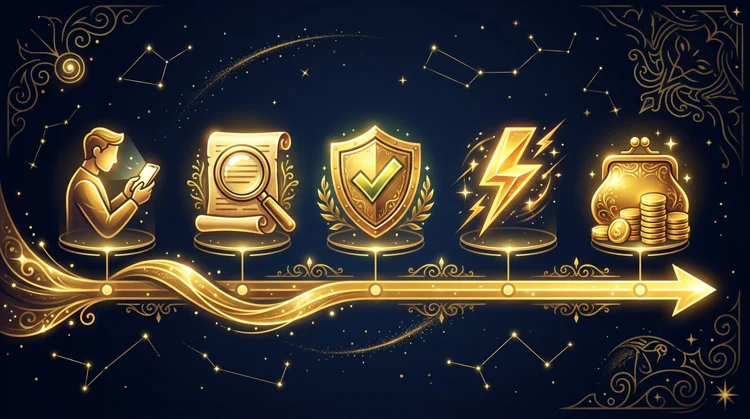 Golden timeline arrow with five milestone icons for withdrawal from request to received