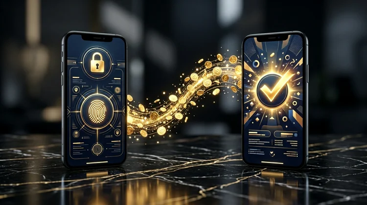 Two phones showing open banking style authorisation and success confirmation with coins flowing between them on marble