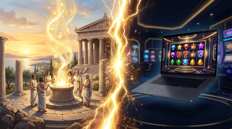 Ancient Greek temple at dawn merging with a laptop showing a modern online casino lobby in navy and gold
