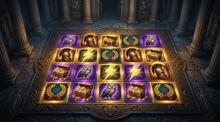 Overhead view of a Greek temple stone floor imagined as a glowing marble slot grid with helmets, owls and lightning symbols