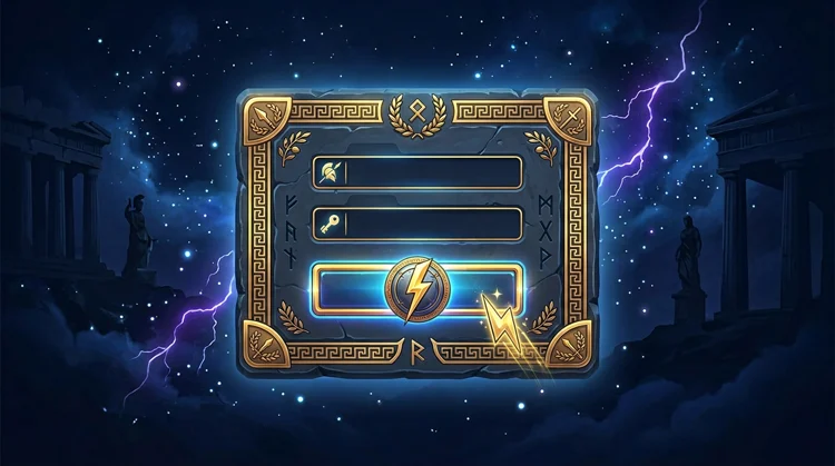 Illustration of a glowing login screen styled like a Greek stone tablet with gold accents on a dark blue background