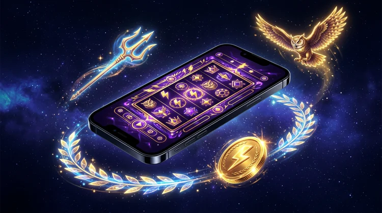 Smartphone with a glowing casino-style game screen surrounded by golden owl, laurel, trident and coin symbols in deep navy space