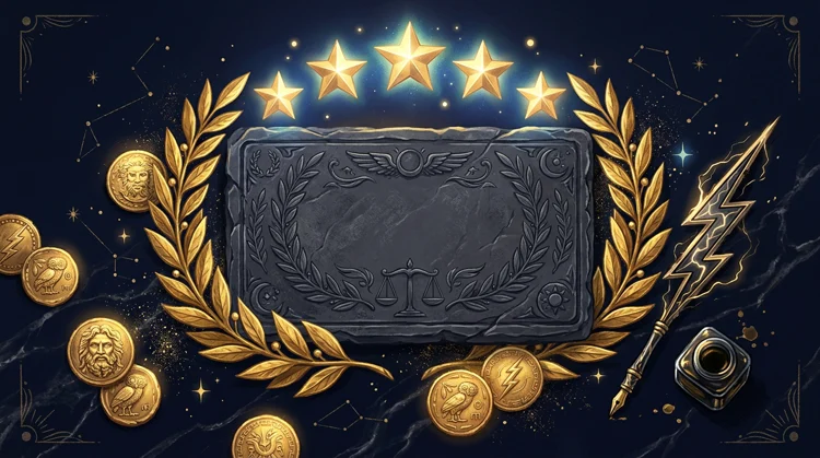 Stone judgement tablet on marble with gold coins, lightning quill and stars in a mythological editorial style