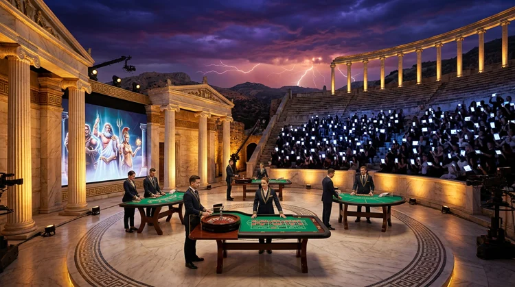 Greek amphitheatre reimagined as a live casino stage with dealers and audience seats lit by phone and tablet glow