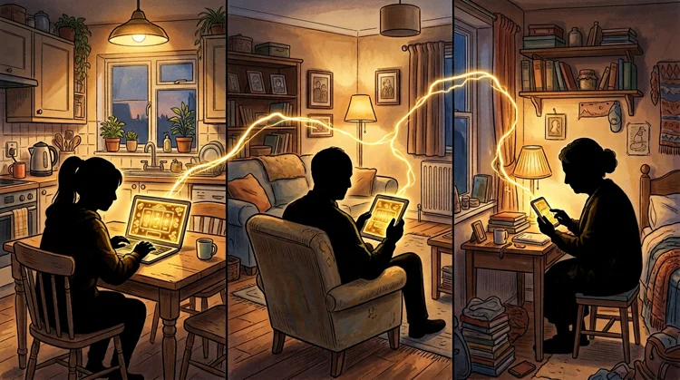 Three people at home in silhouette using laptop, tablet and phone with warm golden screen glow and lightning threads between them