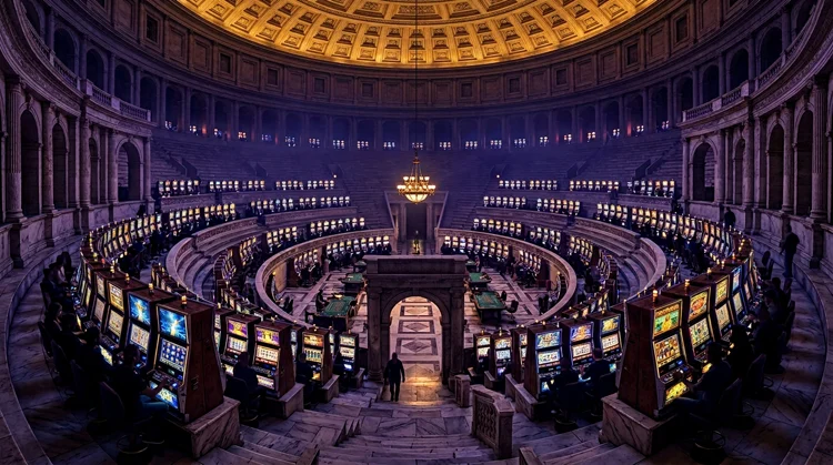 Ancient colosseum interior imagined as a hall of glowing slot machines on marble plinths under gold and purple light
