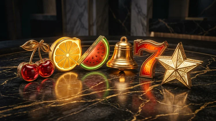Golden 3D fruit machine symbols in an arc on dark veined marble with a soft warm glow